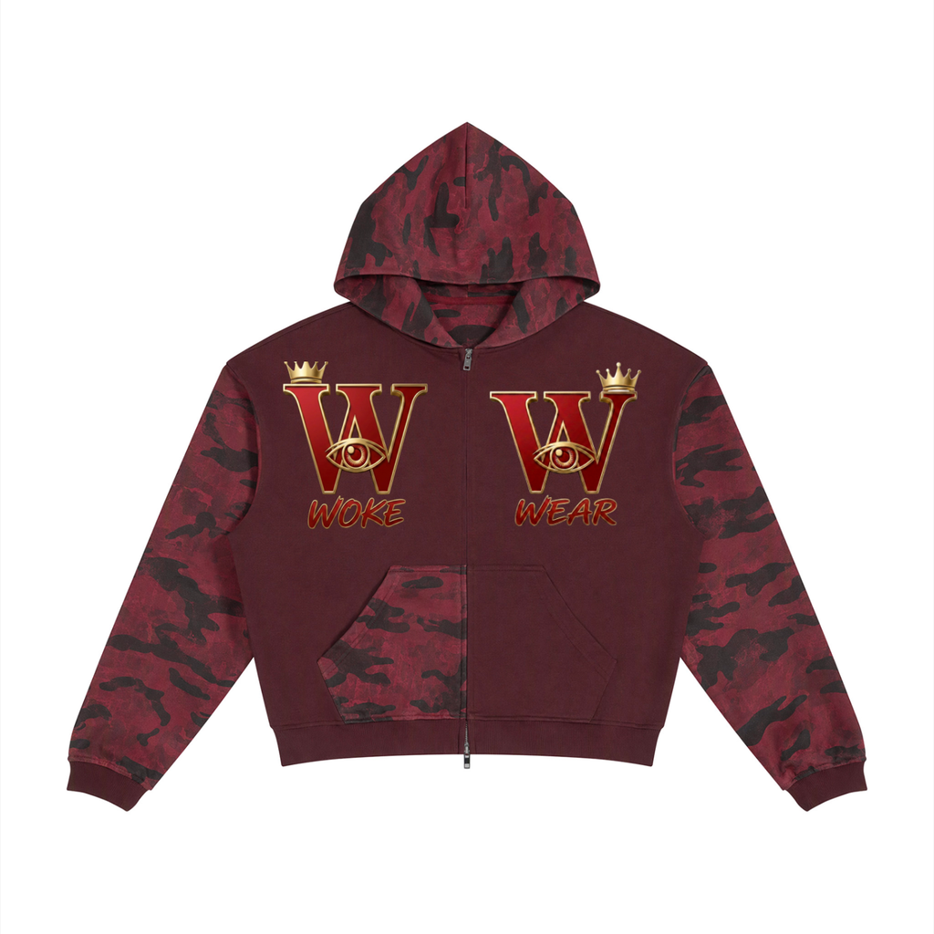 Unisex Colorblock Camo Full Zip Boxy Hoodie